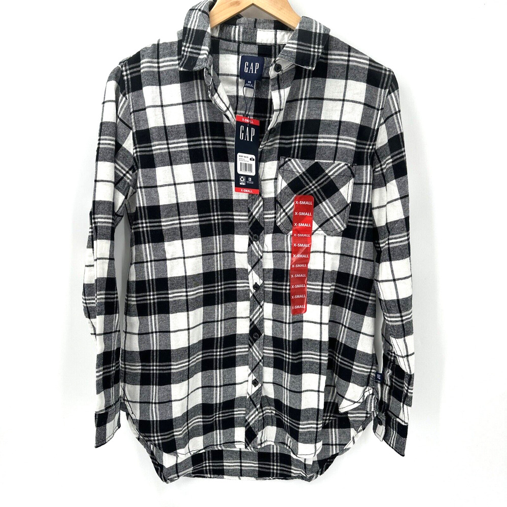 GAP Flannel Shirt Womens XS Relaxed Fit Black White Plaid NEW